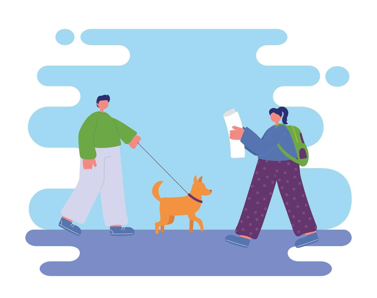 people activities, man walking with dog and woman reading newspaper vector