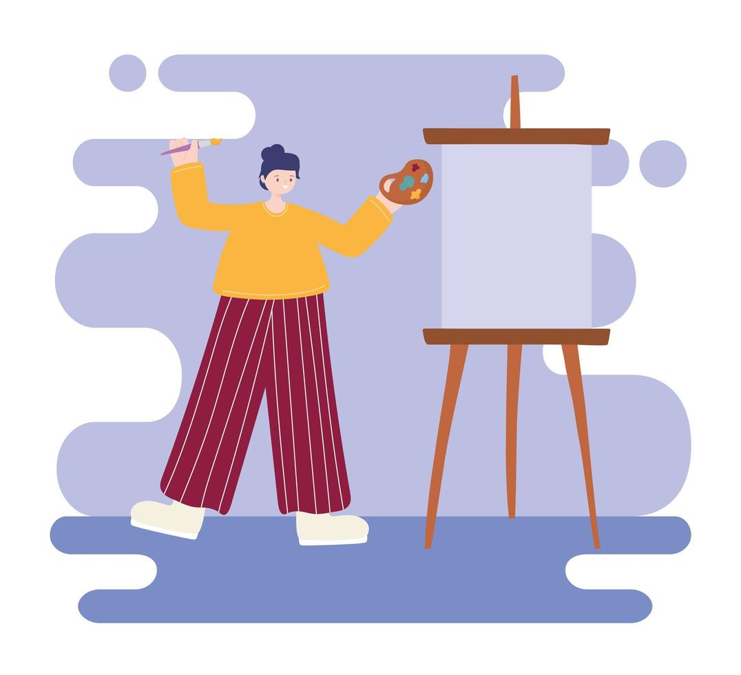 people activities, woman artist drawing on canvas empty holding palette color vector