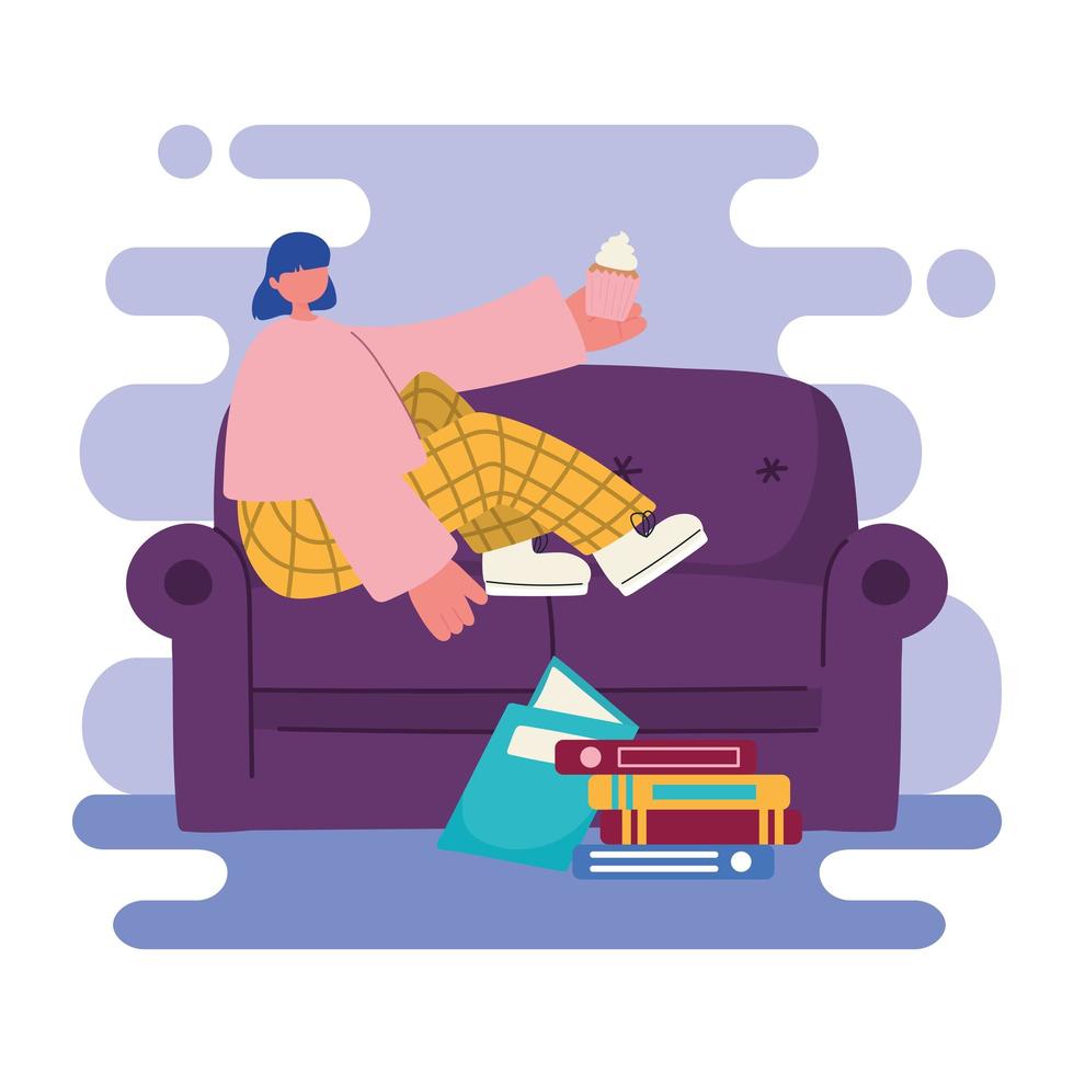 people activities, young woman sitting on sofa eating cupcake and books on floor vector