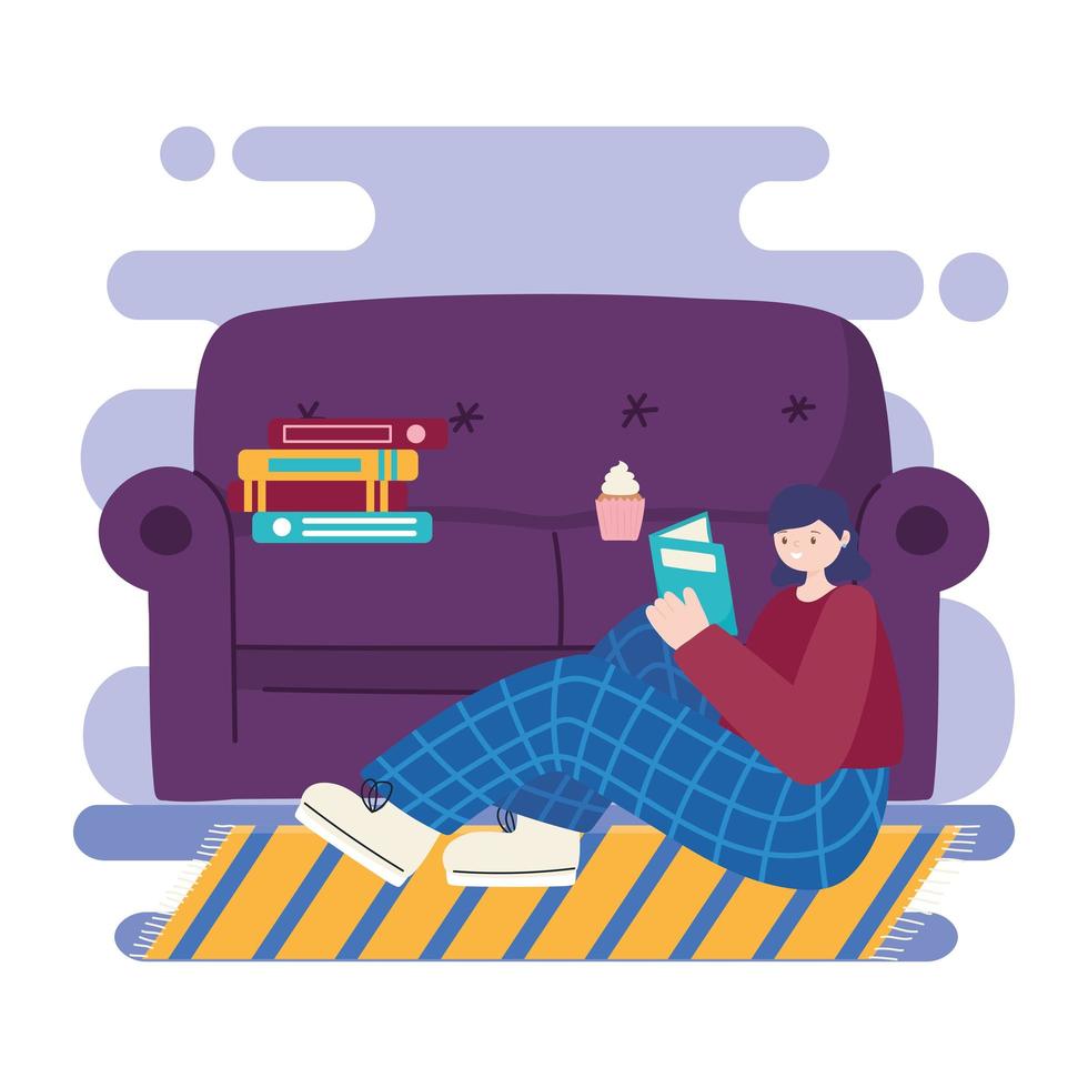 actividades de personas, mujer joven sentada leyendo un libro, sofá con libros y cupcake vector