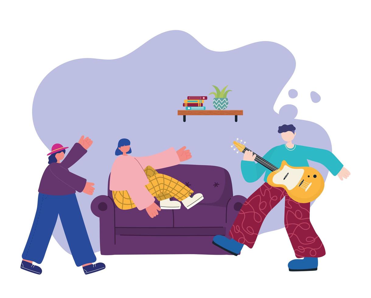 people activities, man playing guitar woman on sofa and woman dancing vector