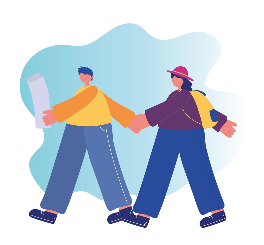 Actividades de personas, pareja joven caminando con mapa y mochila. vector