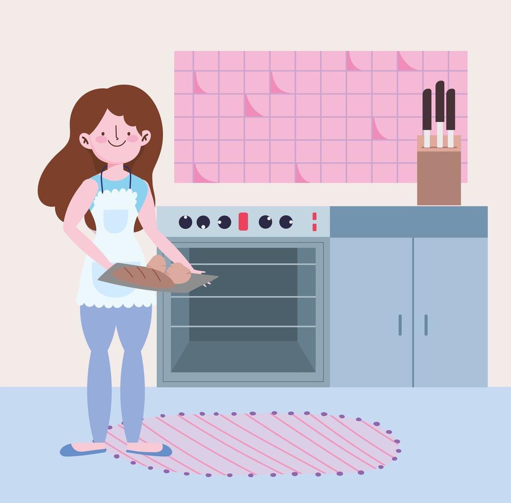 people cooking, girl with bread in hands in the kitchen vector