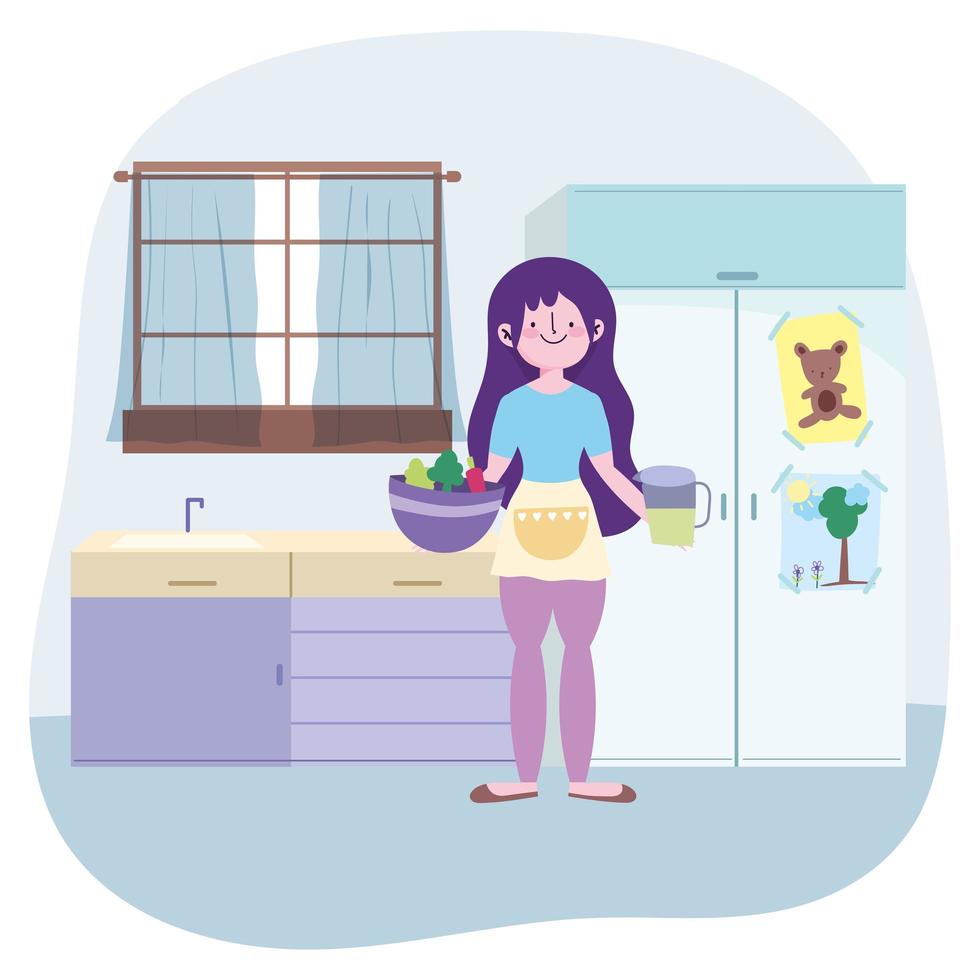 people cooking, girl with bowl and juice jar in the kitchen vector