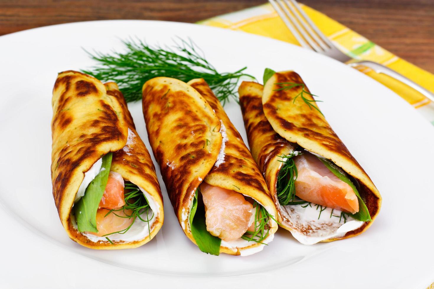 Pancake Rolls with Salmon Fried, Goat Cheese, Fennel and Wild Ga photo