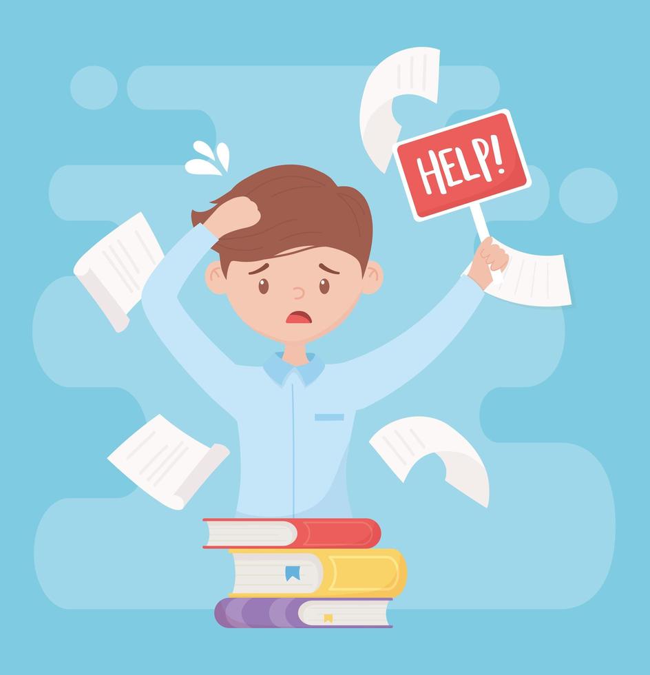 stress at work, employee with help placard books falling papers vector