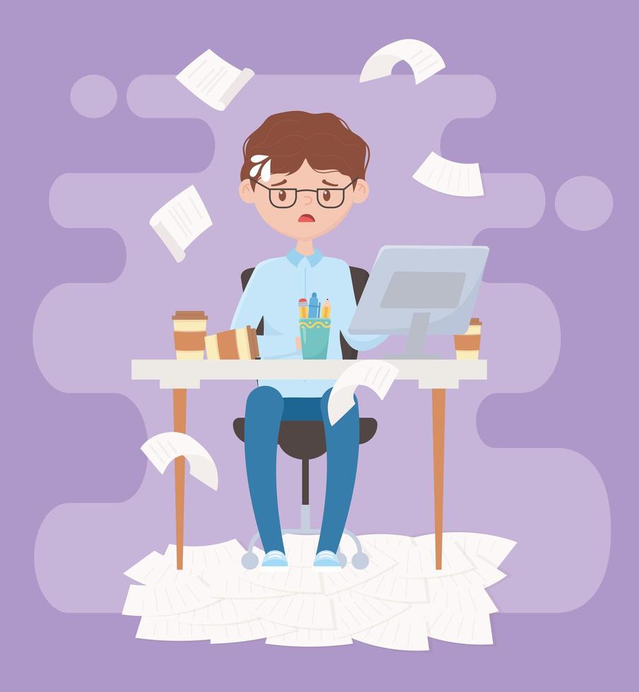 stress at work, exhausted businessman sitting in the office vector