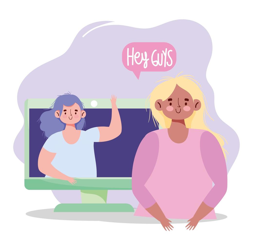 people creativity and technology,girls with computer greeting chat vector