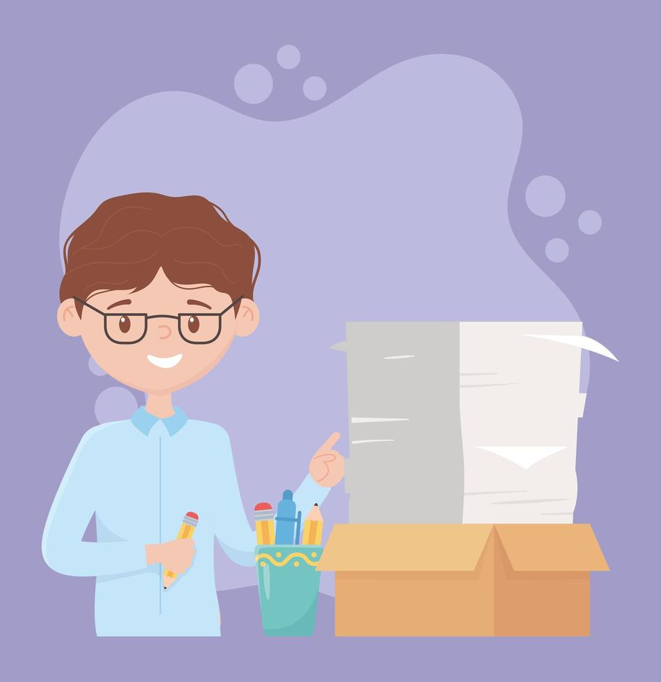 stress at work, businessman with documents stack office work vector