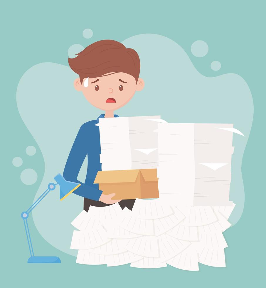 stress at work, businessman carrying stacked papers document working vector