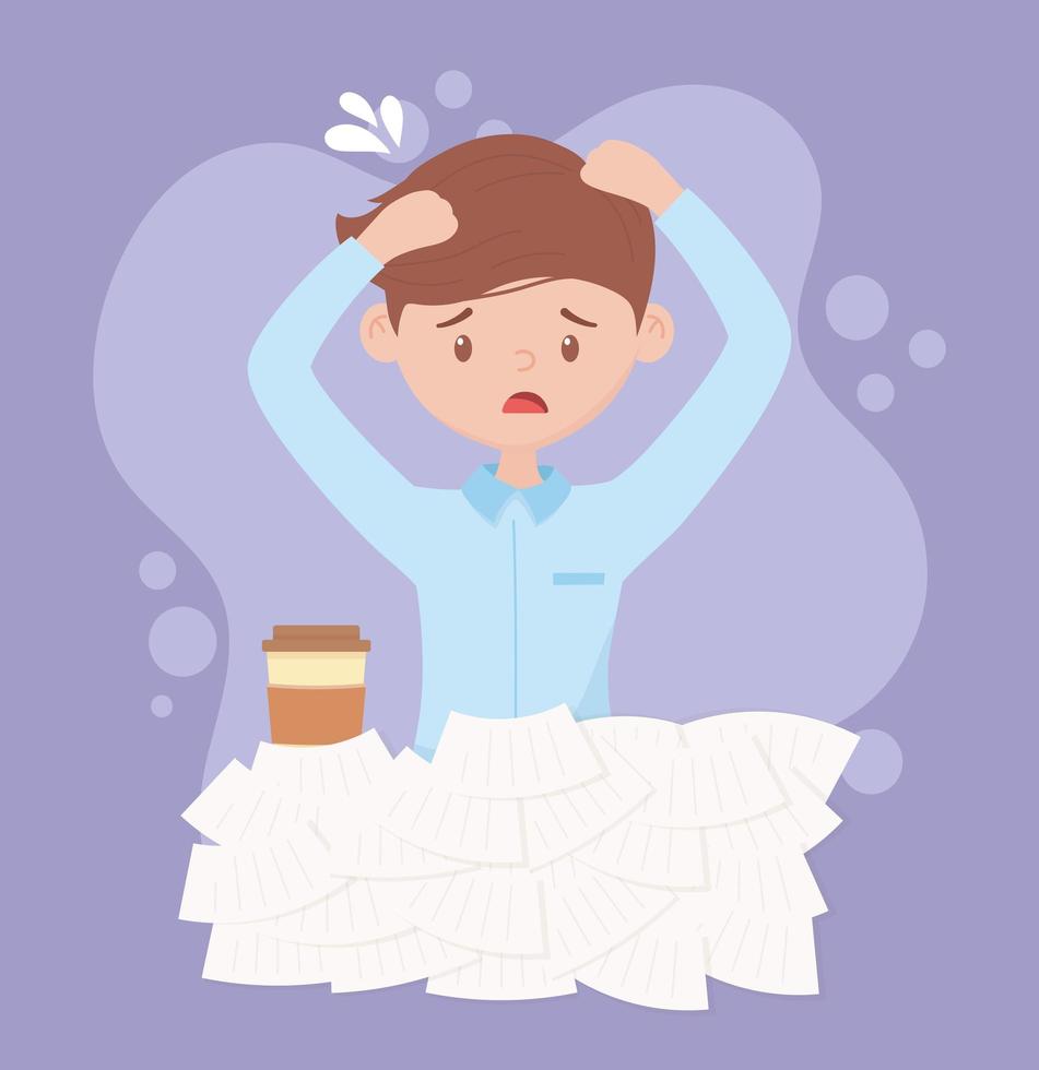stress at work, stressed businessman with many papers and coffee cup vector
