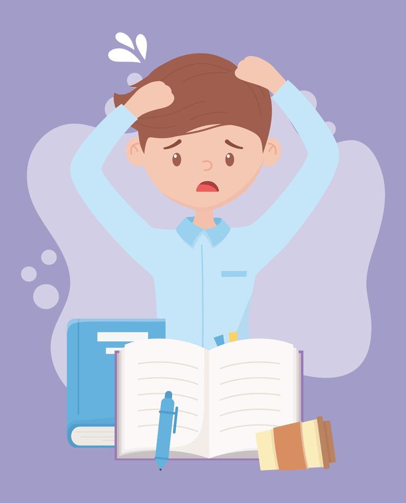 stress at work, tired employee with books pen and coffee cup vector