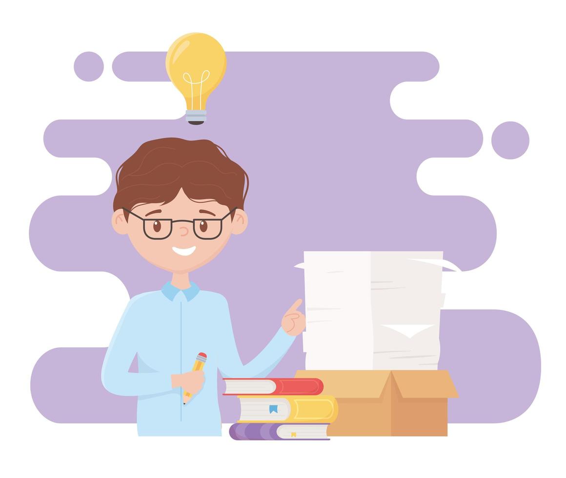 stress at work, businessman many papers on box books idea vector
