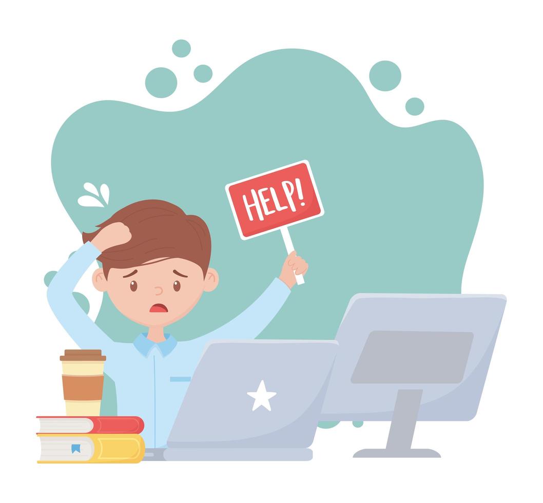 stress at work, worried employee with help laptop computer and books vector