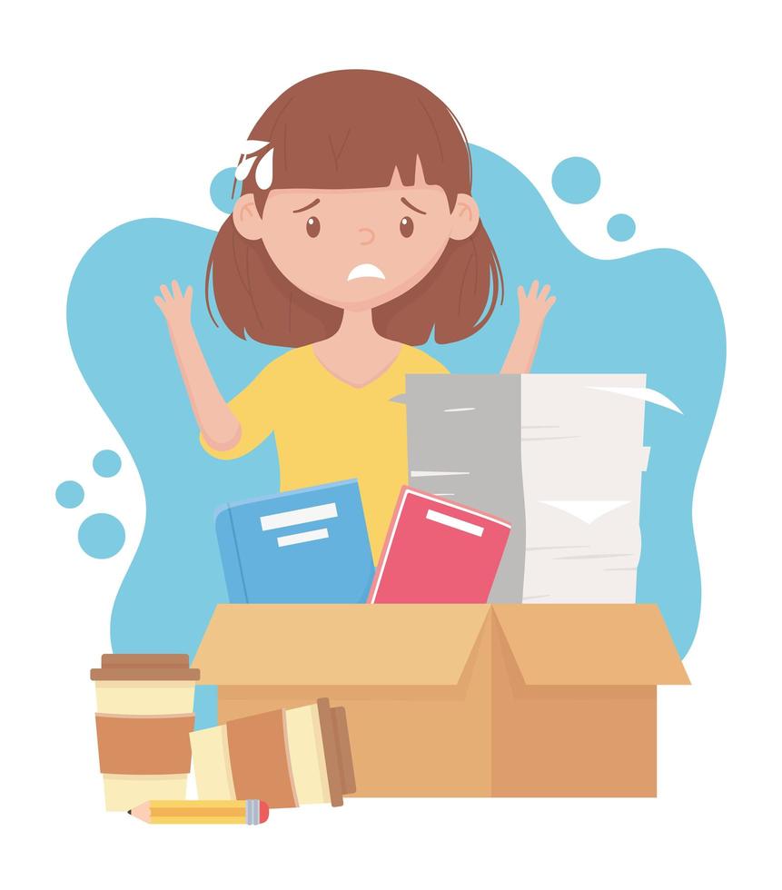 stress at work, exhausted female employee with stack of documents books on box and coffee cups vector