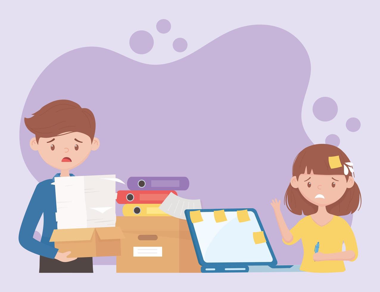 stress at work, employees with many papers sticky note binders in office vector