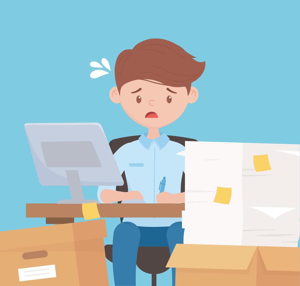 stress at work, tired employee working in desk with stack of papers boxes and laptop vector