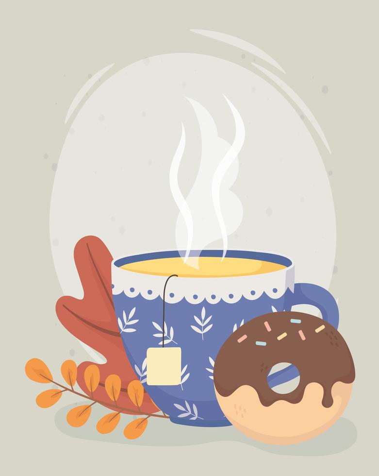 la hora del té, taza de té con bolsitas de té de hierbas y donut dulce vector