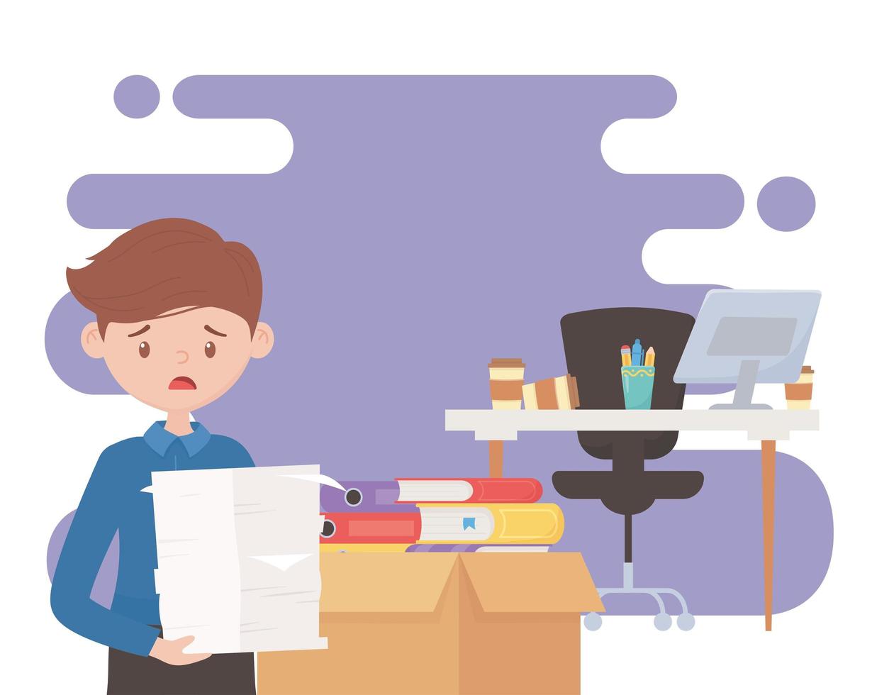 stress at work, sad employee in office with many papers binders desk chair computer vector