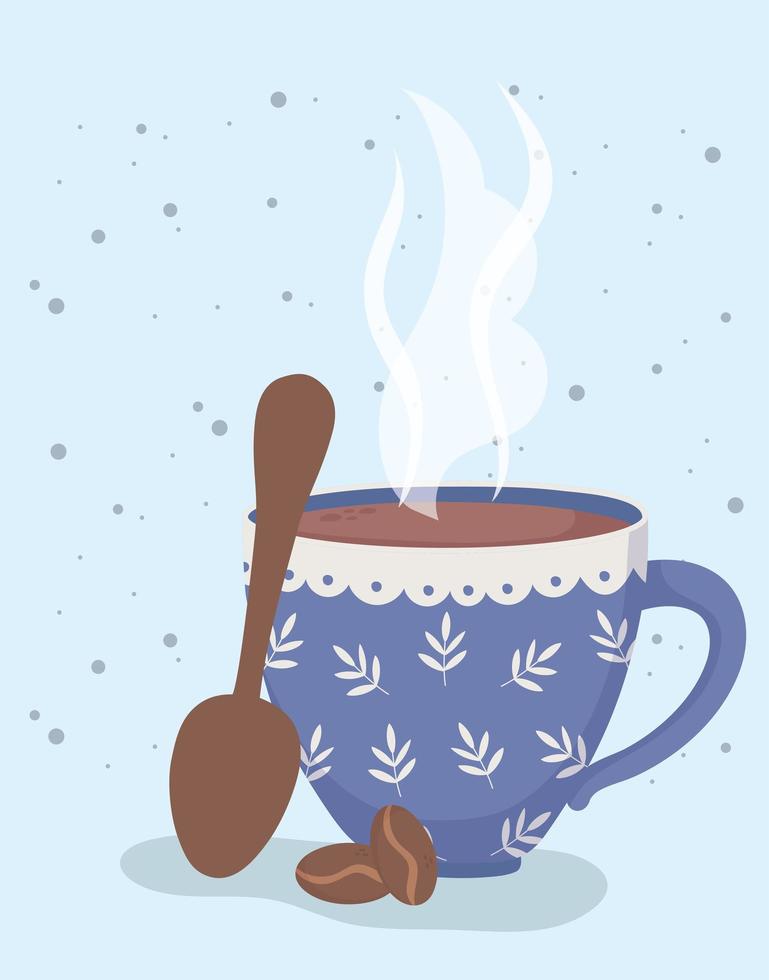 la hora del café, la taza, la cuchara y las semillas, bebida de aroma fresco. vector