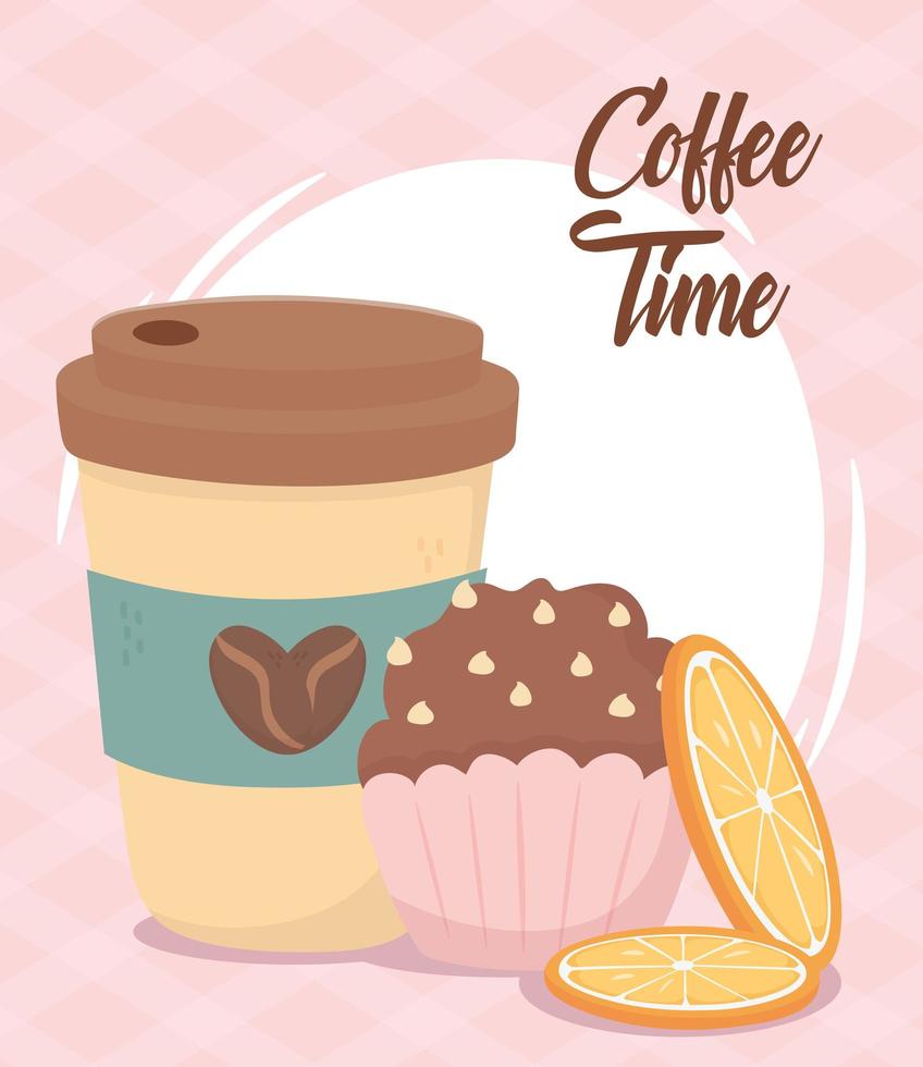 coffee time, takeaway cup cupcake and slices orange fresh beverage vector