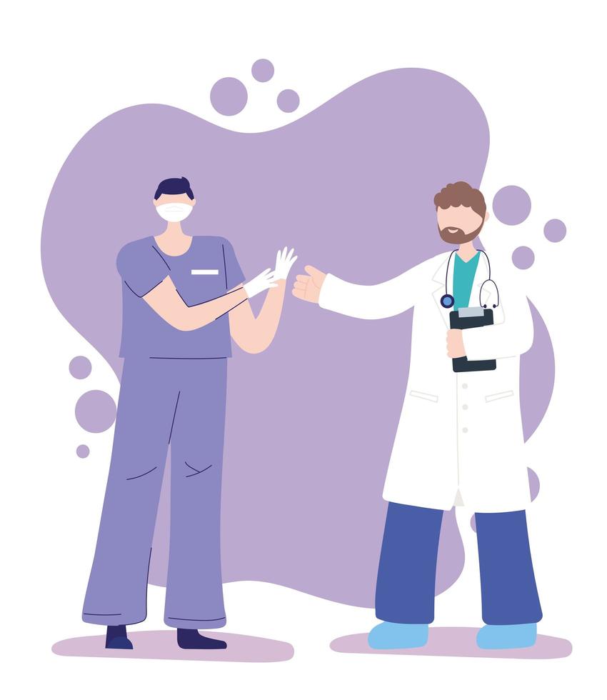 thanks, doctors, nurses, physician and nurse with mask and medical gloves vector