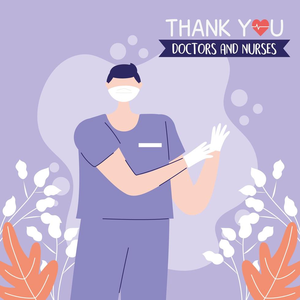 gracias, médicos, enfermeras, enfermero profesional con máscara médica y guantes vector