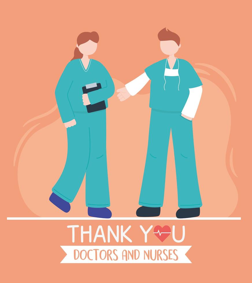 thanks, doctors, nurses, male and female nurses with uniform characters vector