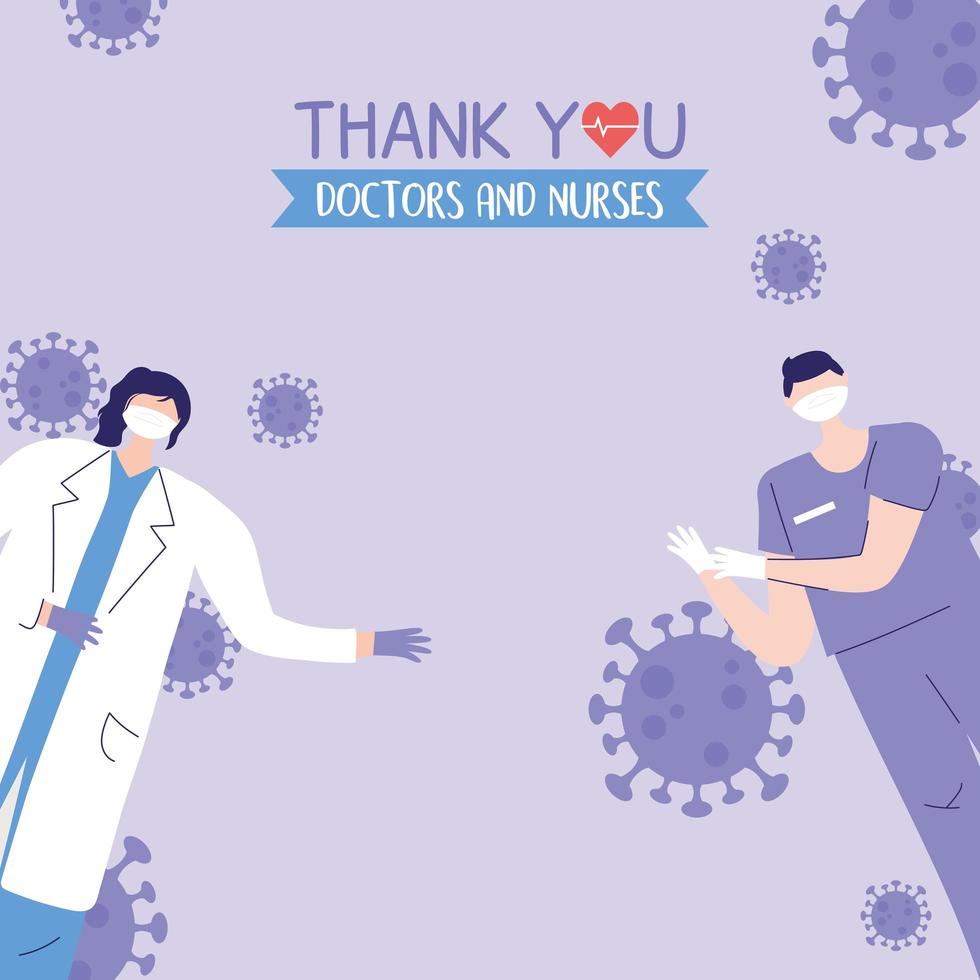 thanks, doctors, nurses, female physician and male nurse with medical masks vector