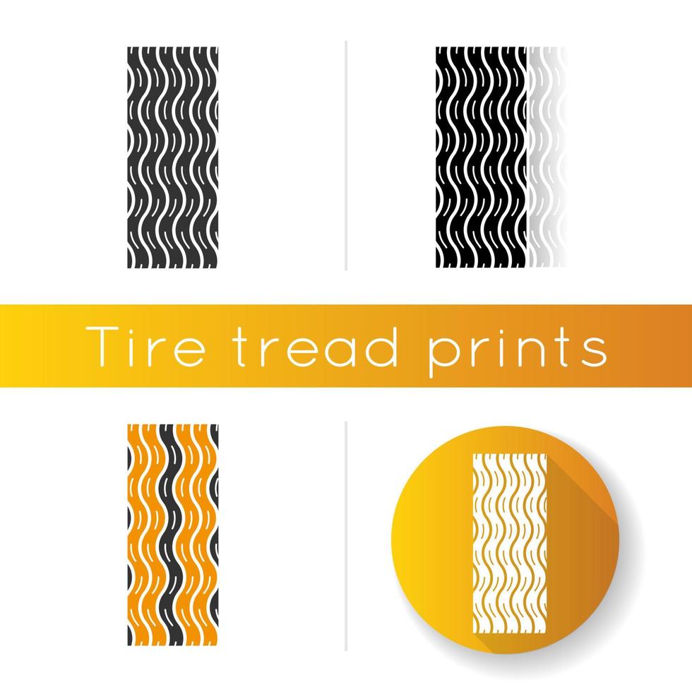 Tire tread icon. Detailed automobile, motorcycle wave-shaped tyre marks. Car wheel trace with thin grooves. Vehicle tire trail. Linear black and RGB color styles. Isolated vector illustrations