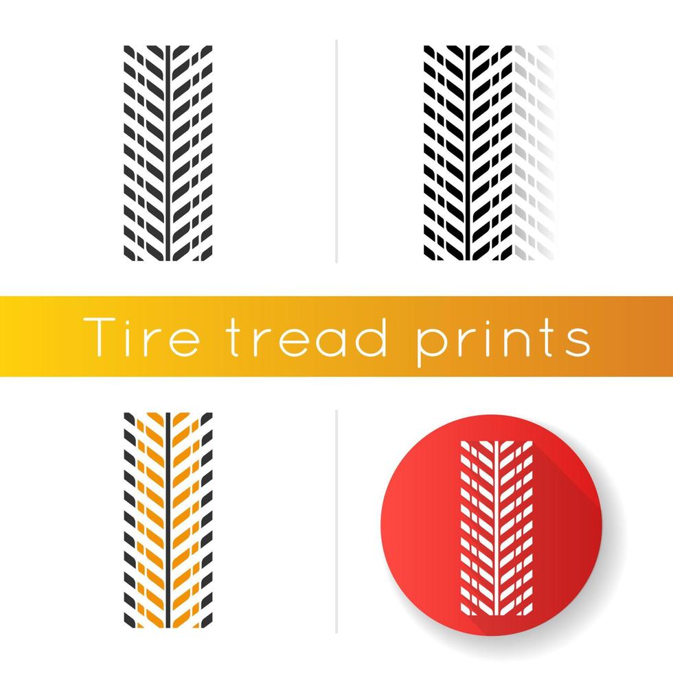 Tire print icon. Detailed automobile, motorcycle tyre marks. Directional car wheel trace with thick grooves. Vehicle tire trail. Linear black and RGB color styles. Isolated vector illustrations