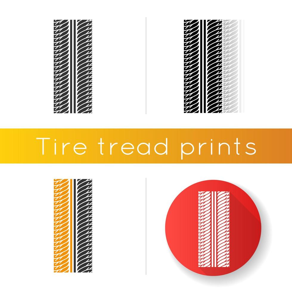 Tire print icon. Detailed automobile, motorcycle tyre marks. Symmetric car wheel trace with thick grooves. Vehicle tire trail. Linear black and RGB color styles. Isolated vector illustrations