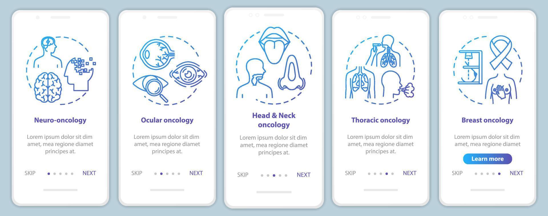 Oncology onboarding mobile app page screen with concepts. Cancer treatment walkthrough five steps graphic instructions. Ocular oncology. Thoracic cancer. UI vector template, RGB color illustrations