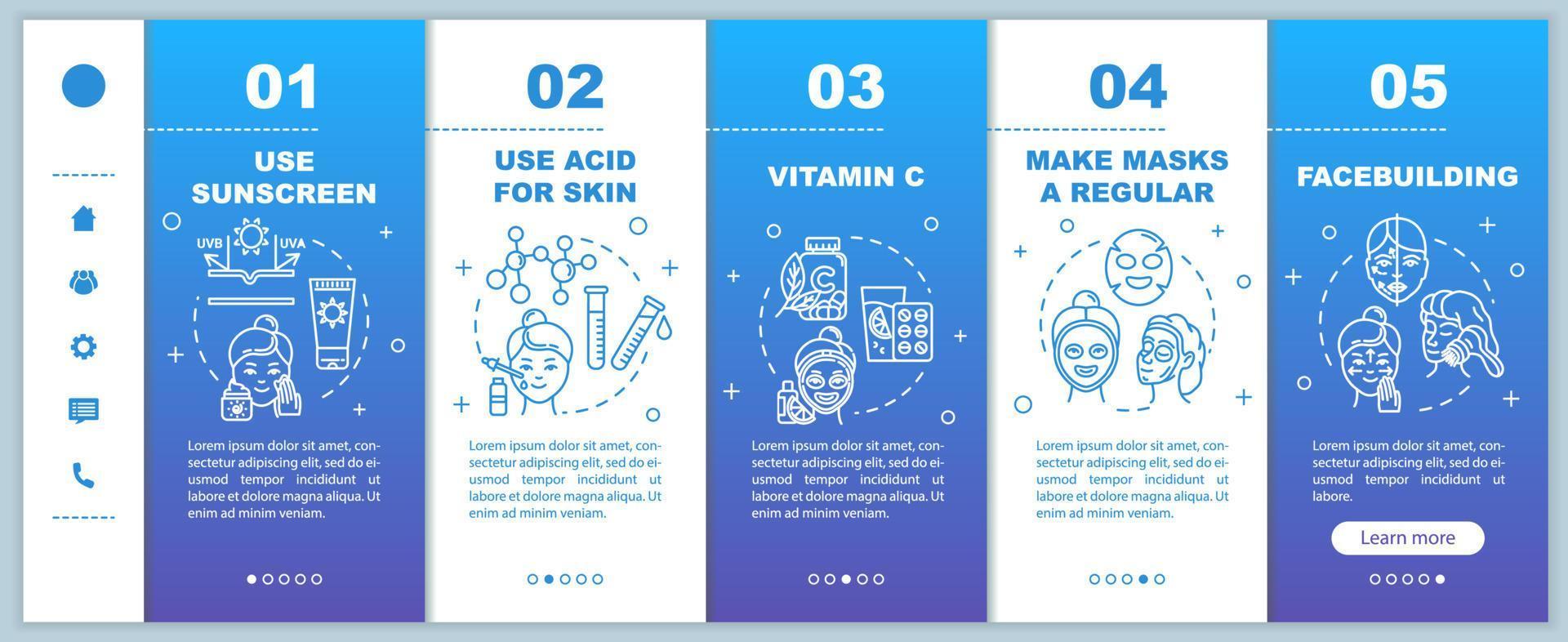 Skincare onboarding vector template. Use sunscreen. Acid for skin and vitamin C. Regular masks, facebuilding. Responsive mobile website with icons. Webpage walkthrough step screens. RGB color concept
