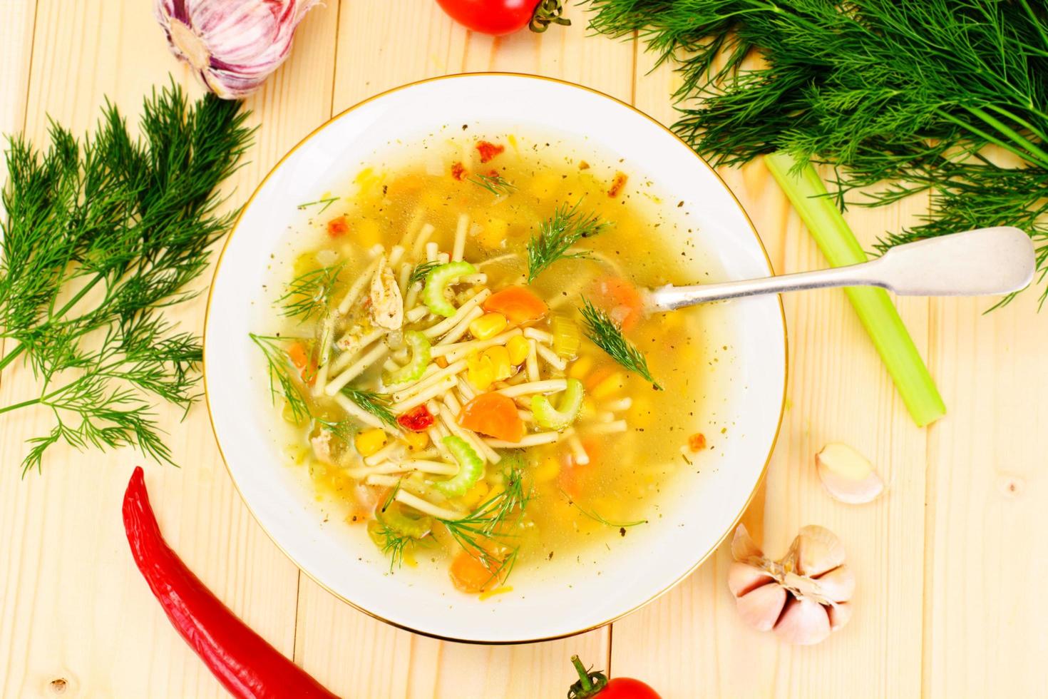 sopa con caldo de pollo. fideos y verduras foto