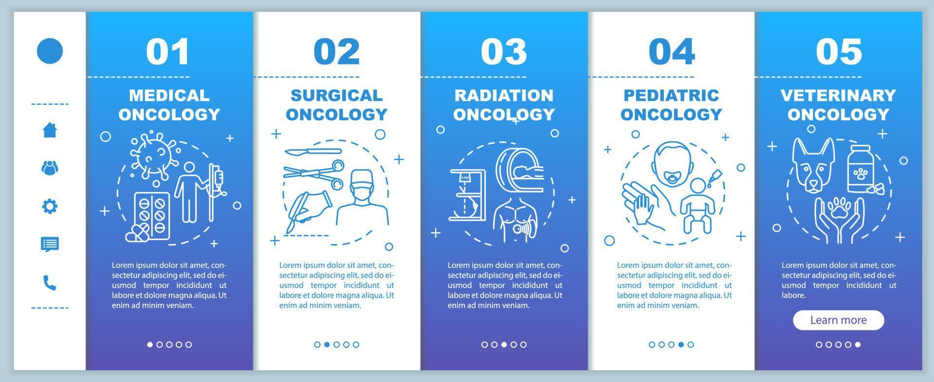 Oncology onboarding vector template. Surgical and radiation cancer treatment. Medical and veterinary oncology. Responsive mobile website with icons. Webpage walkthrough step screens. RGB color concept