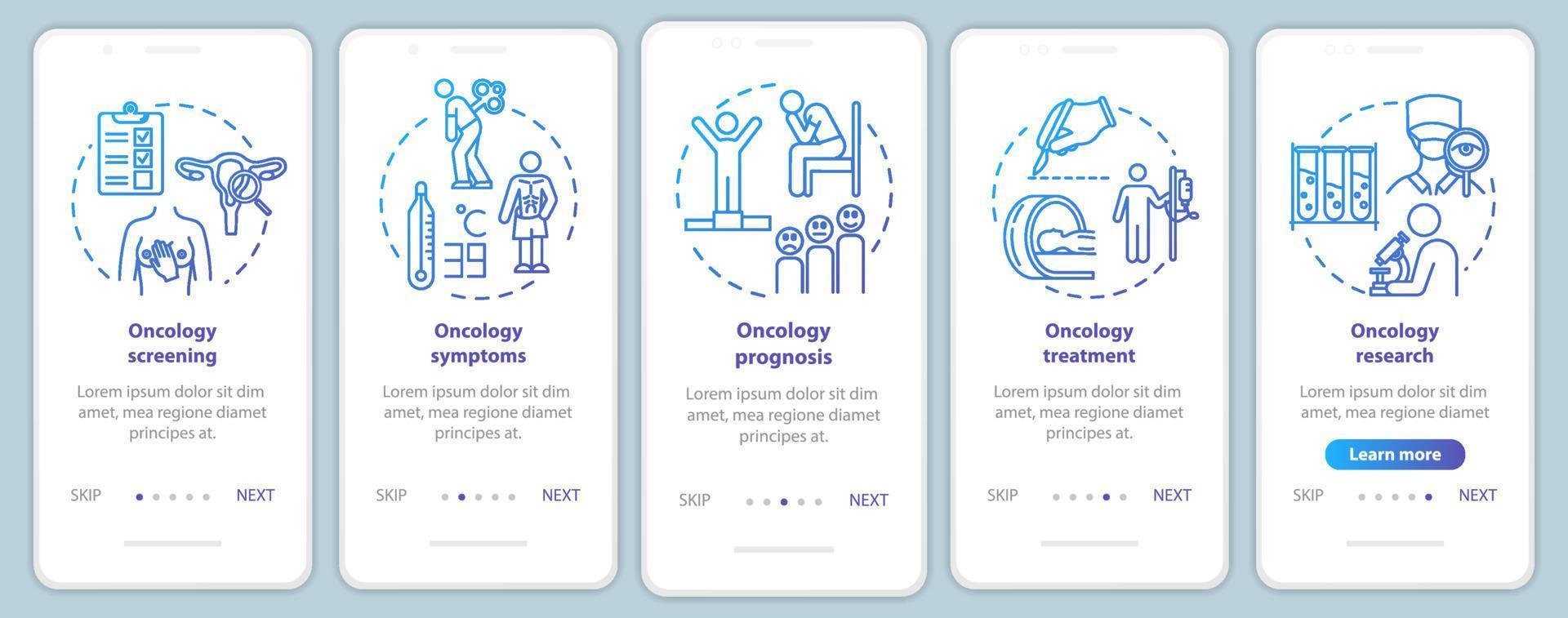 Oncology onboarding mobile app page screen with concepts. Illness treatment walkthrough five steps graphic instructions. Cancer symptoms. Illness prognosis. UI vector template, RGB color illustrations