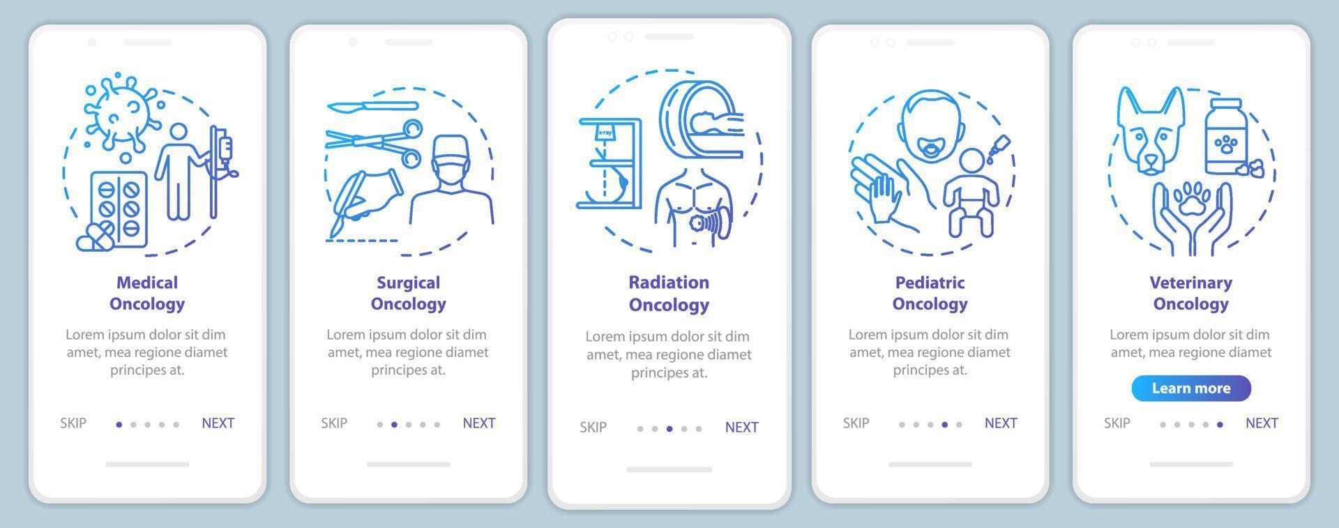 Oncology onboarding pantalla de la página de la aplicación móvil con conceptos. Tutorial de tratamiento de cáncer con instrucciones gráficas de cinco pasos. Oncologia medica. cirugía. plantilla de vector de interfaz de usuario con ilustraciones en color rgb