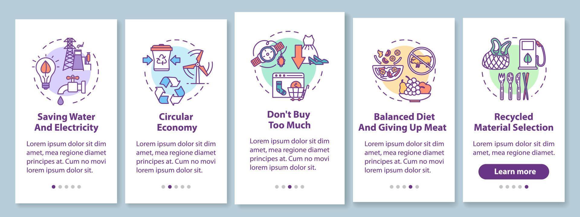 Responsible consumption onboarding mobile app page screen with concepts. Recycle, ecology. Consumerism walkthrough 5 steps graphic instructions. UI vector template with RGB color illustrations