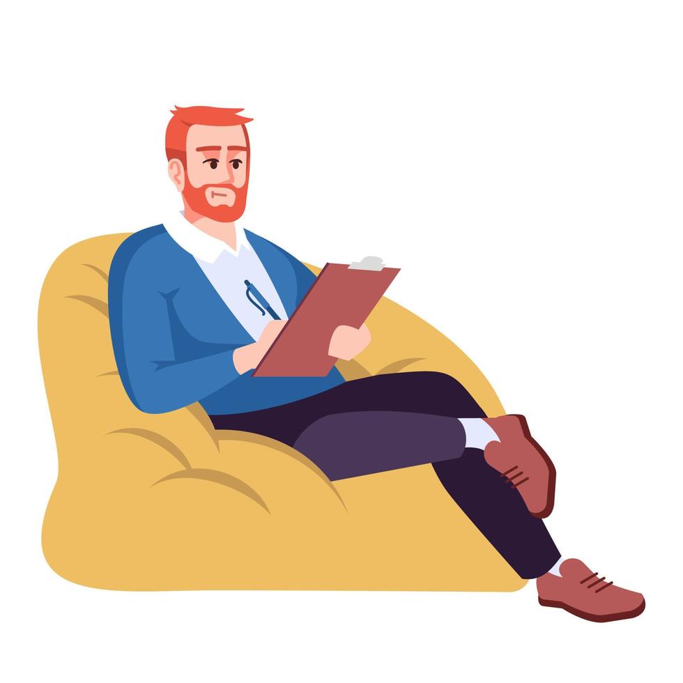 Man in sack armchair semi flat RGB color vector illustration. Guy taking notes. Businessman with clipboard. Psychologist. Psychology consultation. Isolated cartoon character on white background