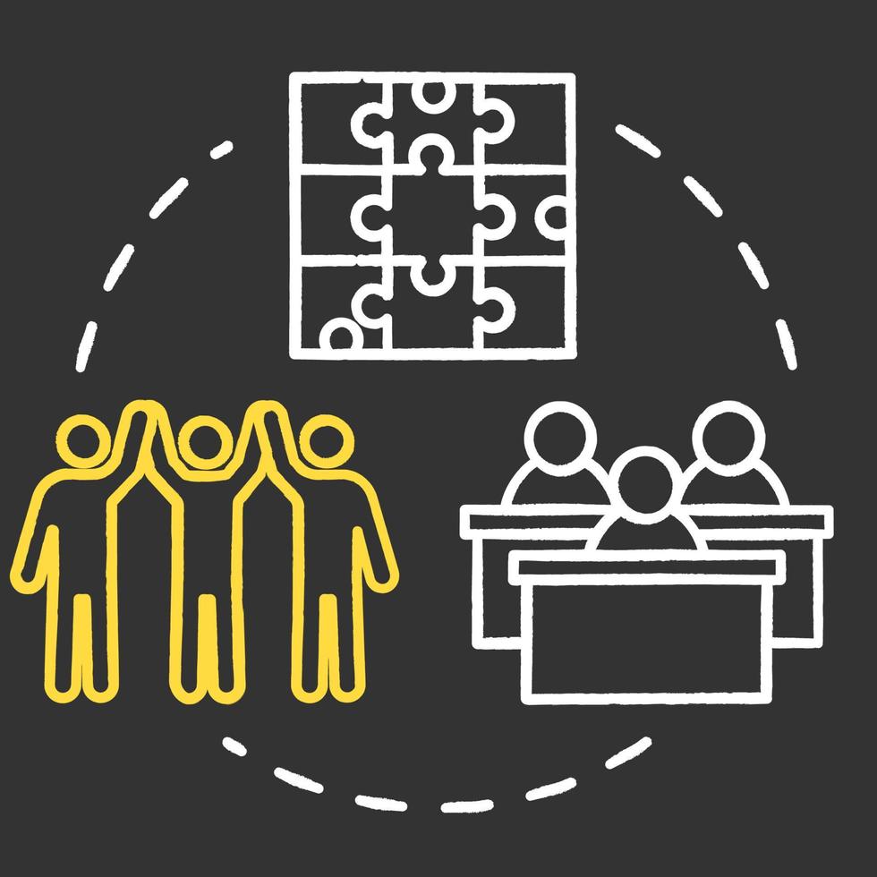 Full inclusion chalk RGB color concept icon. Student group dynamics. Diverse community assistance. Inclusive education idea. Vector isolated chalkboard illustration on black background