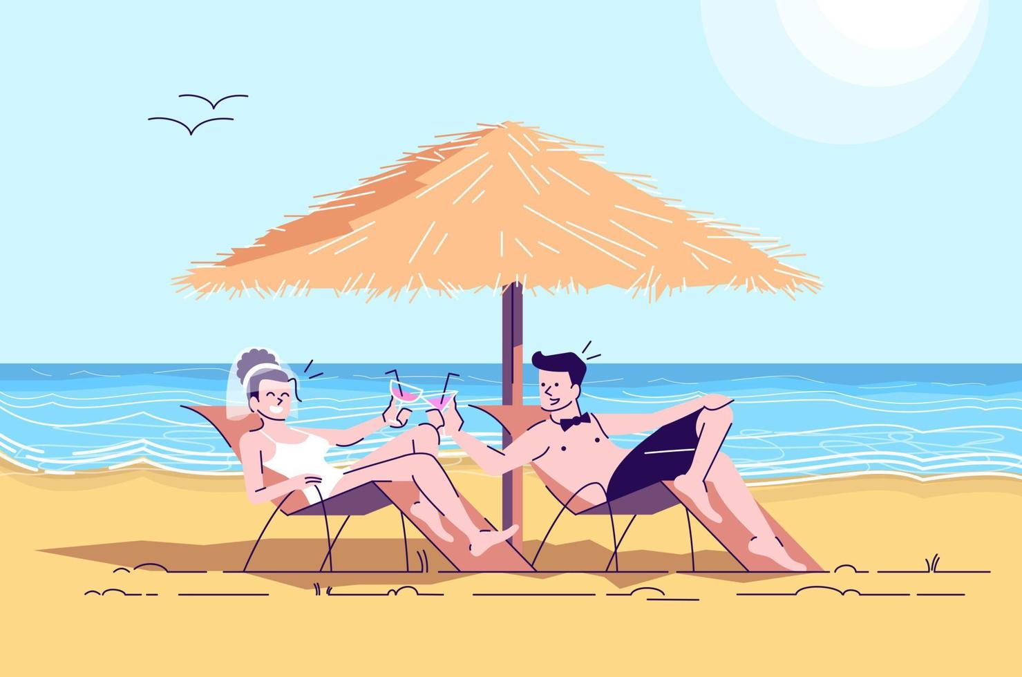 pareja casada en la playa plana doodle ilustración. novios en tumbonas junto al mar. hombre y mujer en luna de miel. indonesia turismo 2d personaje de dibujos animados con contorno para uso comercial vector