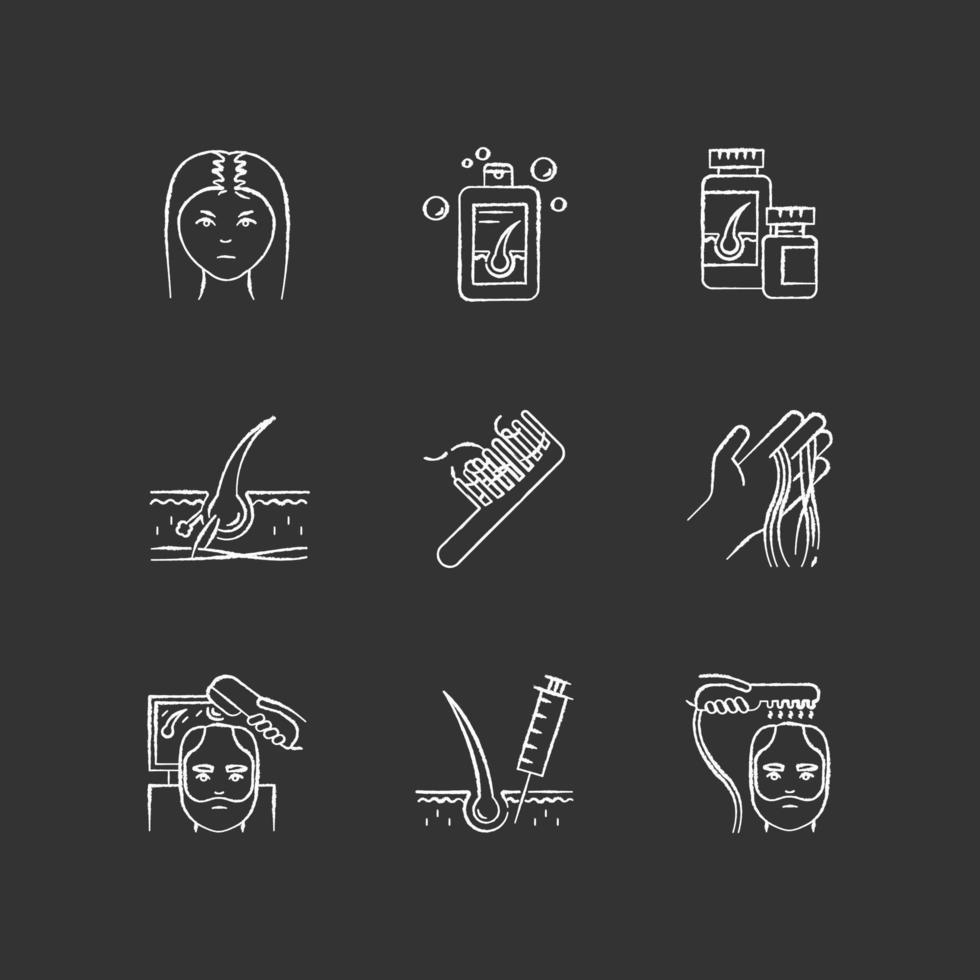 Hair loss chalk white icons set on black background. Male alopecia and female balding. Laser therapy for hair regrowth. Thinning hairline help. Isolated vector chalkboard illustrations