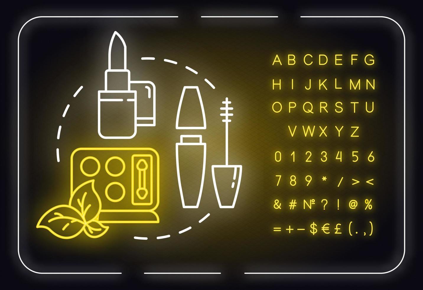 maquillaje, cosméticos concepto de luz de neón icono. lápiz labial, rímel y sombra de ojos, idea de productos de belleza. signo exterior brillante con alfabeto, números y símbolos. vector aislado ilustración de color rgb