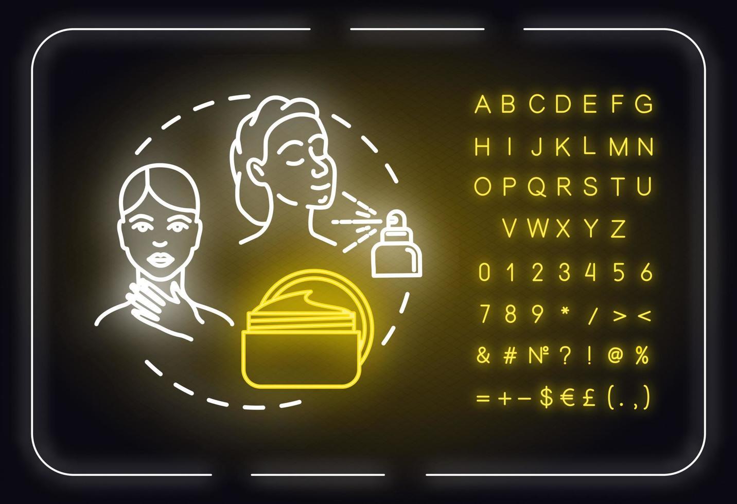 Neck care, beauty neon light concept icon. Skin moisturizing, cream and spray, thermal water use idea. Outer glowing sign with alphabet, numbers and symbols. Vector isolated RGB color illustration