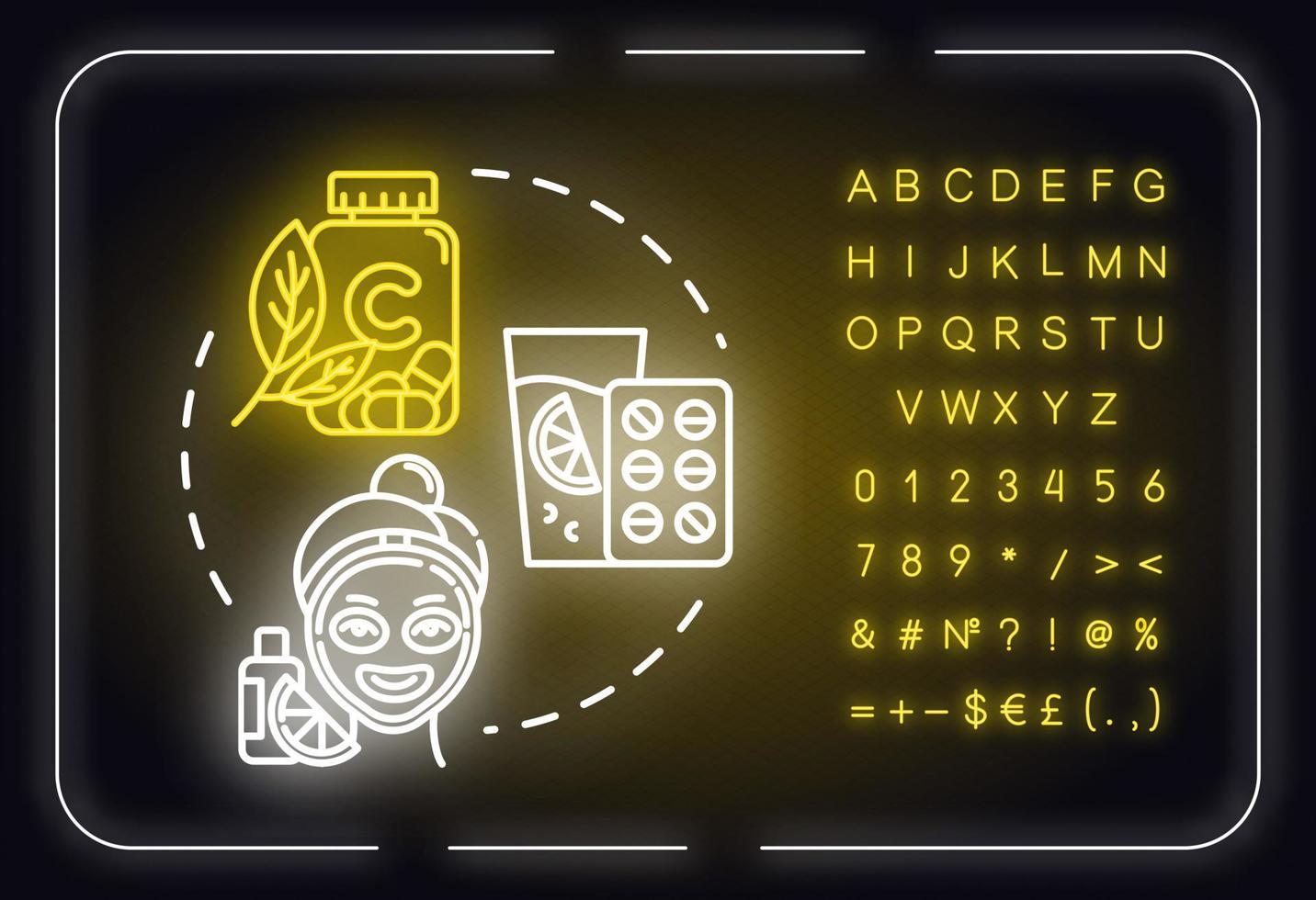 Vitamin C, skincare and healthcare neon light concept icon. Citrus extract, ascorbic acid idea. Outer glowing sign with alphabet, numbers and symbols. Vector isolated RGB color illustration