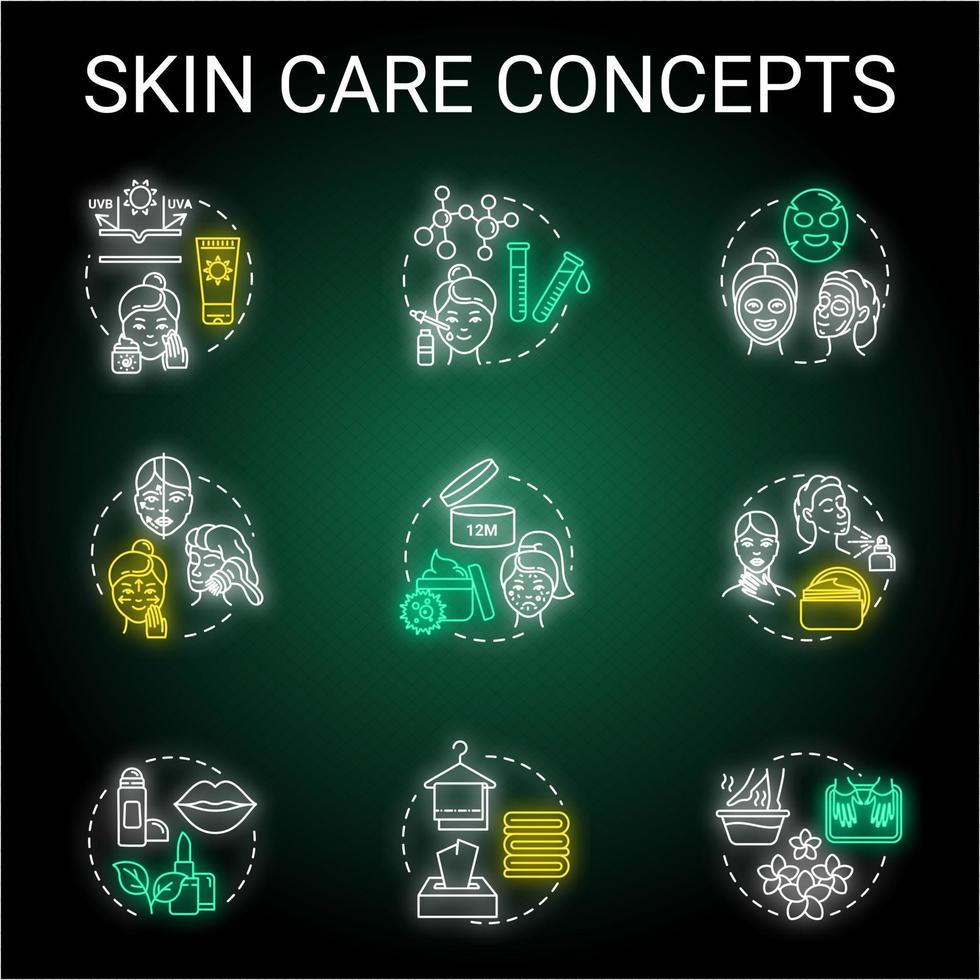 Skin care tips neon light concept icons set. Face and body youth preservation, skin protection, cosmetology, hygienic procedures idea. Glowing vector isolated RGB color illustration