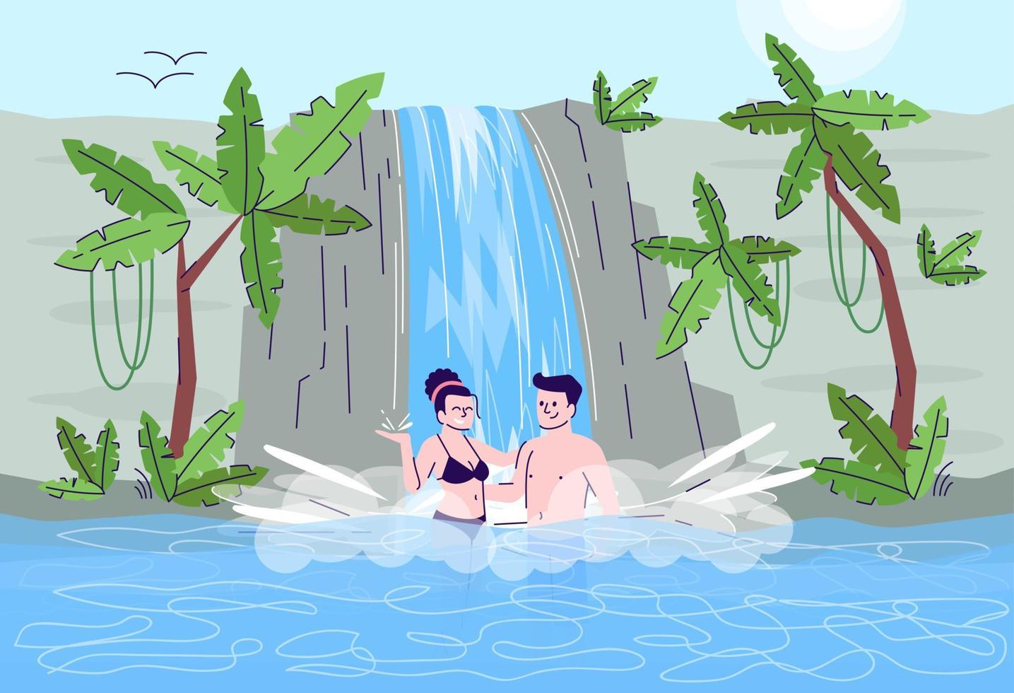 Couple swimming in waterfall flat doodle illustration. Tourists in natural hot pool. Water cascade scenery. Exotic country. Indonesia tourism 2D cartoon character with outline for commercial use vector