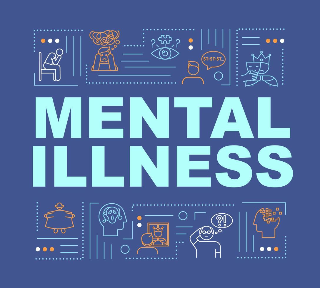 Mental illness word concepts banner. Personality disorders. Depression, insanity. Infographics with linear icons on dark blue background. Isolated typography. Vector outline RGB color illustration