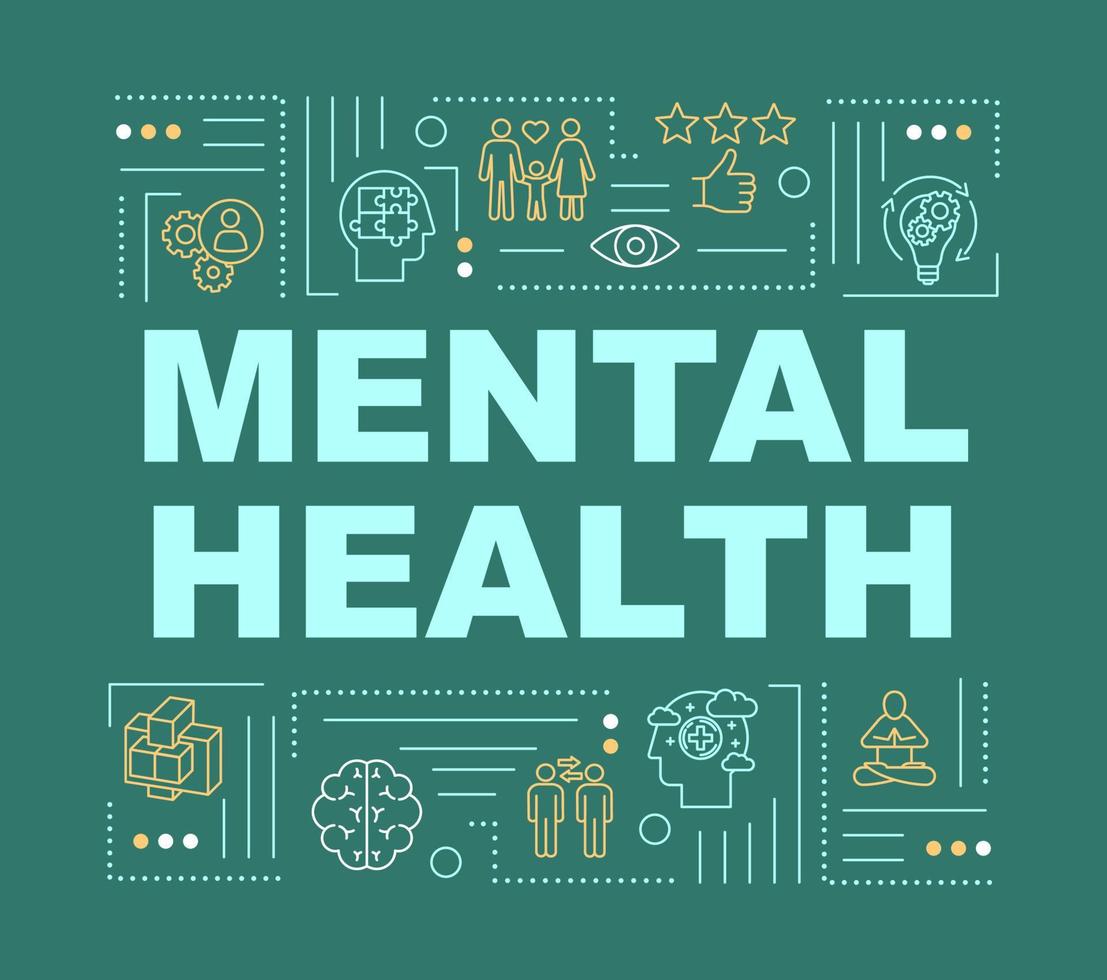 Mental health word concepts banner. Happy healthy mind. Joyful life. Infographics with linear icons on dark green background. Isolated typography. Vector outline RGB color illustration